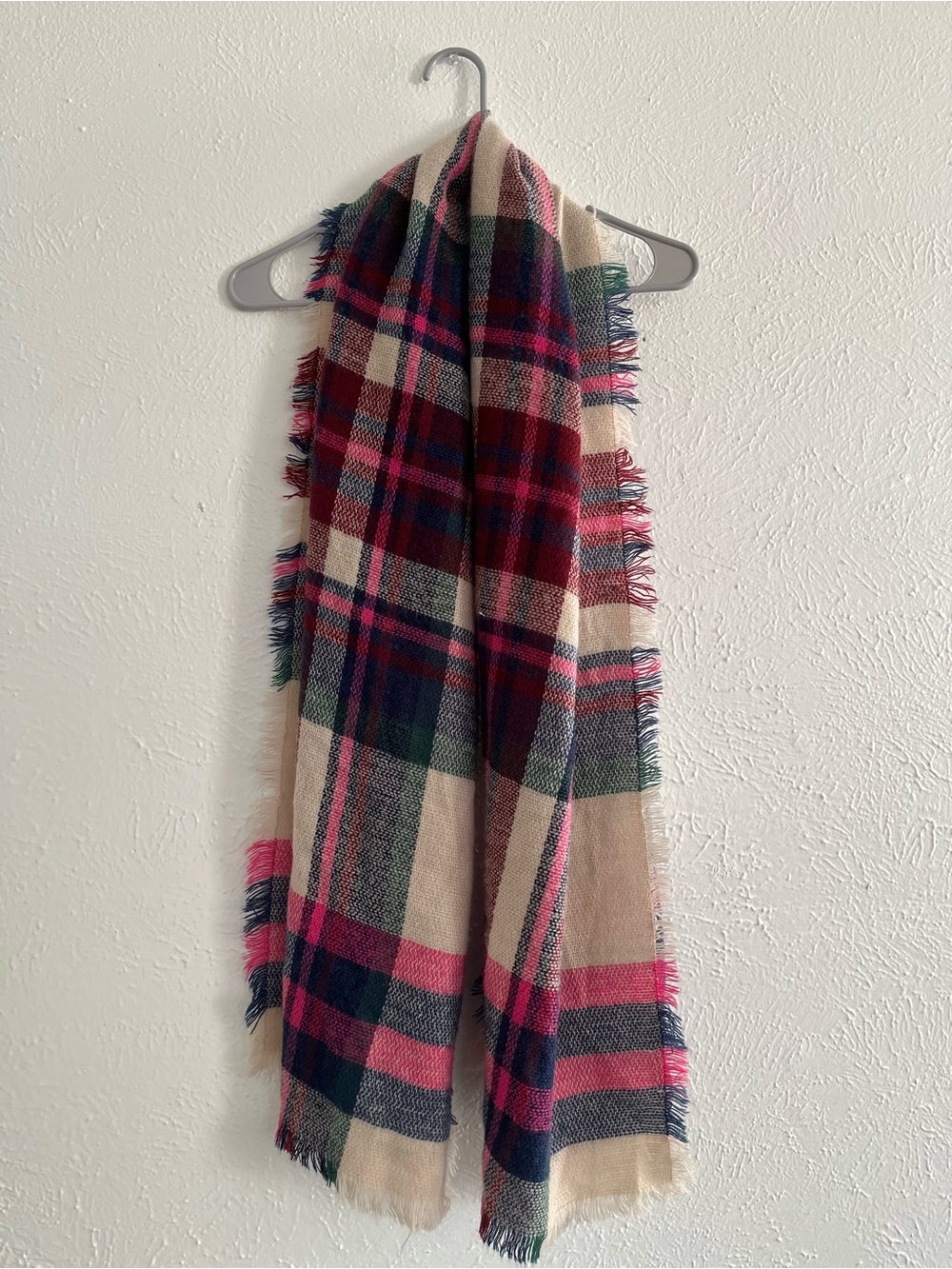 Plaid Fringe Blanket Scarf in Pink and Beige